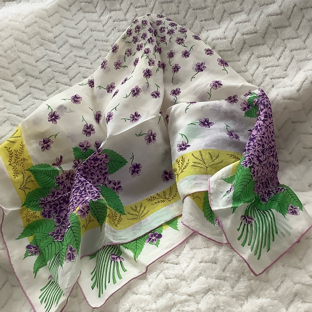 Vintage Floral Print Silk Scarf with purple violets